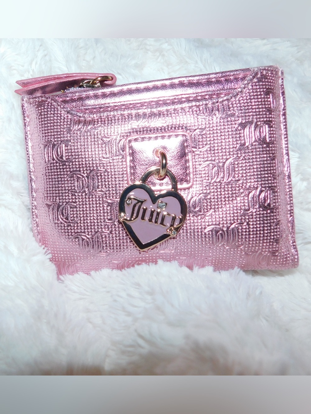 Juicy Couture Metallic Pink Embossed Logo Zip Pouch with Heart Charm